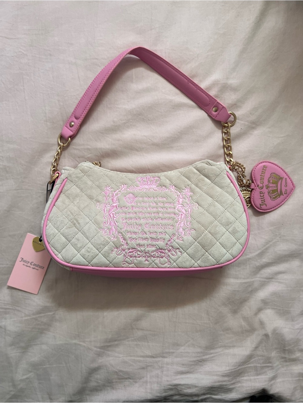 Juicy Couture White Quilted Shoulder Bag with Pink Trim and Gold Hardware